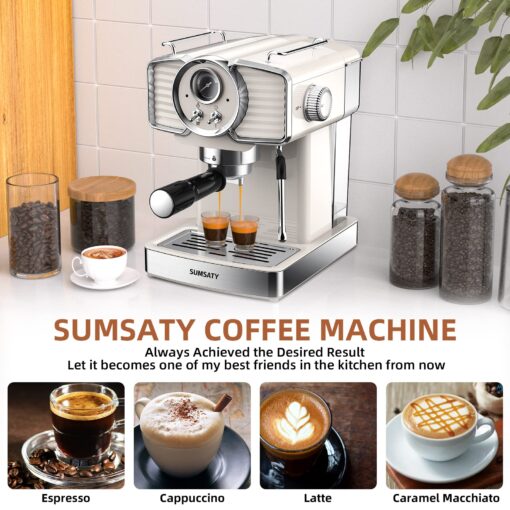 SUMSATY Espresso Machine 20 Bar, Professional Espresso Maker with Milk Frother Steamer Wand, Espresso Coffee Machine Off-white, Cappuccino & Latte Machine for Home, Retro, 1.8L Removable Water Tank - Image 3