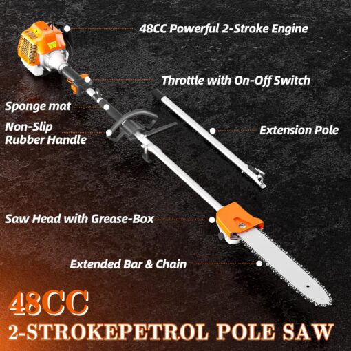 48CC Gas Powered Pole Saws,2-Stroke Gas Pole Saws for Tree Trimming with11.5in Cutting Bar,16 FT Extendable Pole Chainsaw Tree Trimmer - Image 5