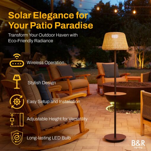 B&R Lighting Solar Outdoor Floor Lamp with Table - Cordless Outdoor Floor Lamp - Patio, Porch, Garden - Rattan Wicker Lights for Outside - Waterproof, Rechargeable, Weatherproof - Image 5