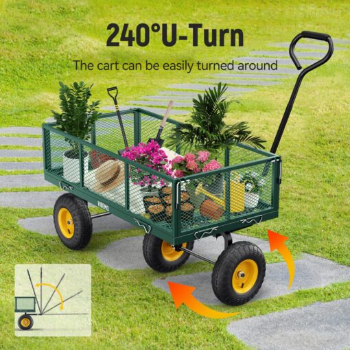 Vibemo Steel Garden Cart, 2-in-1 900 lbs Heavy Duty Utility Wagon, with Removable Mesh Sides to Convert into Flatbed, 240° U-Turn 10" Pneumatic Tires Garden Wagon for Farm Yard Lawn Garden Camping - Image 6