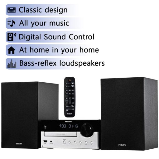 PHILIPS Bluetooth Stereo System for Home with CD Player, MP3, USB, Audio in, FM Radio, Bass Reflex Speaker, 60W, Remote Control Included - Image 2