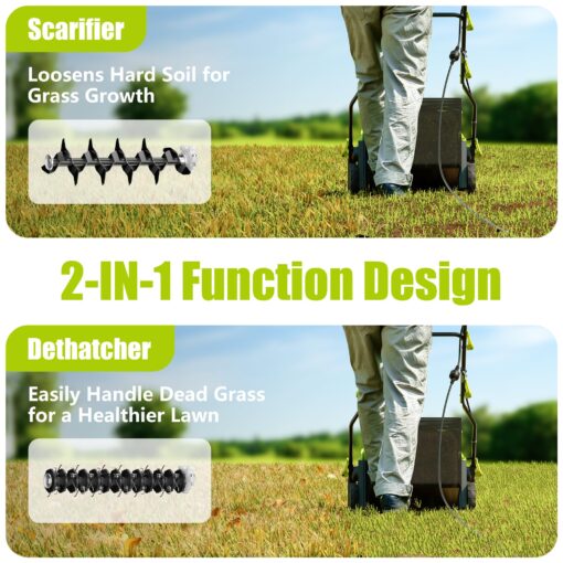 16-Inch Electric Dethatcher and Scarifier, YERYORK 2-in-1 Lawn Dethatcher with Powerful 15 AMP Motor 14.5Gal Collection Bag 5-Position Depth Foldable Handle for Lawns & Garden (Green) - Image 5