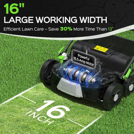 TIECTOWN 16-Inch 15.5 Amp 2-in-1 Electric Dethatcher and Scarifier with 14.5-Gallon Removable Thatch Collection Bag, Lawn Dethatcher with 5-Position Depth Adjustment, Quick-Fold, Keeps Lawn Healthy - Image 8