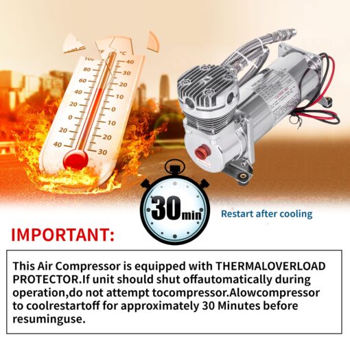 ZHSYMX Heavy Duty 200 PSI Air horn Compressor Dual Value Pack, 3/8 NPT Train Horn/Air Ride Compressor, Fittings for 12V Train/Truck/Car,Air Suspension horn Compressor SILVER - Image 4