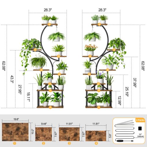 BACEKOLL Plant Stand Indoor with Grow Light - 2 Pack Tall Indoor Plant Shelf, 62" Corner Plant Holder, 8 Tiered Large S-Shape Flower Multiple Display Shelves for Home, Office - Image 4