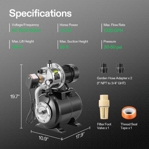 VIVOSUN 1.6 HP Shallow Well Pump with Pressure Tank, NSF Certified, 1320 GPH, Stainless Steel, Automatic Water Booster Jet Pump with Two Adapters for Home, Garden, Lawn - Image 3