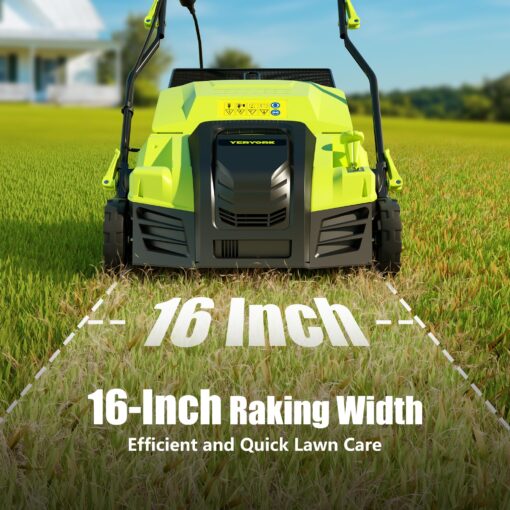 16-Inch Electric Dethatcher and Scarifier, YERYORK 2-in-1 Lawn Dethatcher with Powerful 15 AMP Motor 14.5Gal Collection Bag 5-Position Depth Foldable Handle for Lawns & Garden (Green) - Image 6