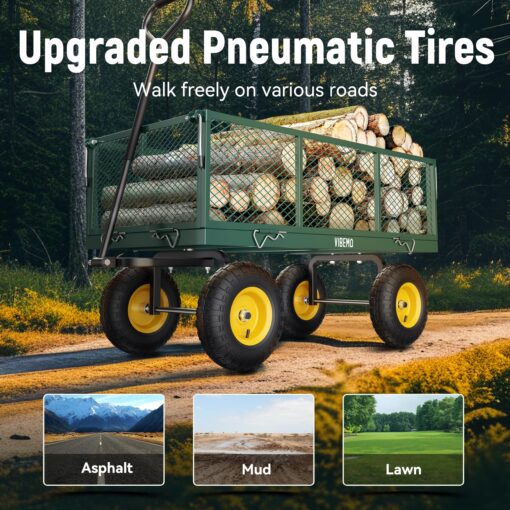 Vibemo Steel Garden Cart, 2-in-1 900 lbs Heavy Duty Utility Wagon, with Removable Mesh Sides to Convert into Flatbed, 240° U-Turn 10" Pneumatic Tires Garden Wagon for Farm Yard Lawn Garden Camping - Image 3