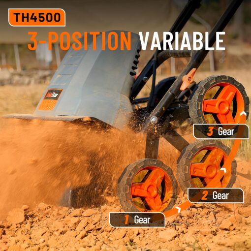 Electric Tiller for Gardening 380 RPM Rototiller 18 Inch Cultivator 13.5Amp TaskStar TH4500 Corded Tiller,9 Inch Deep Soil Tiller Heavy-Duty Blades*6,Variable Three-Position Wheels for Smooth Workflow - Image 7