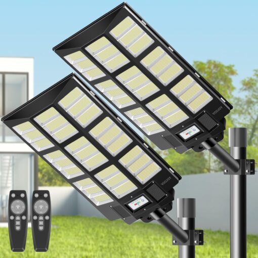 VOOJOY 7500W Solar Street Lights Outdoor, 6500K IP66 Waterproof Solar Security Flood Lights, Commercial LED Parking Lot Lights Dusk to Dawn with Motion Sensor and Remote Control 2PACK