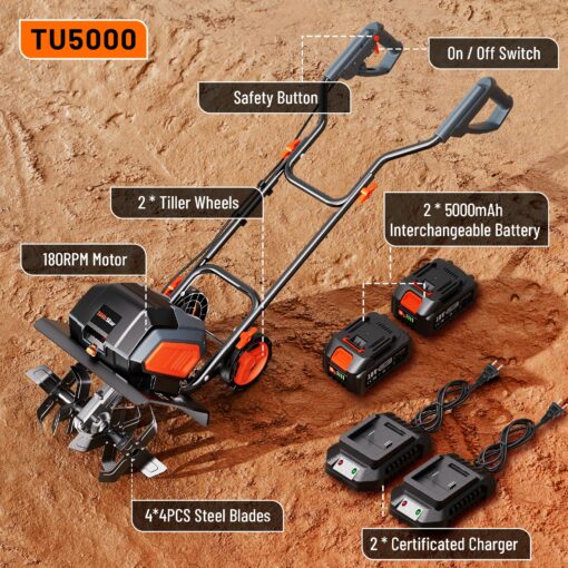 Cordless Electric Tiller Garden Cultivator TaskStar 40V Power Tiller Total 5000mAhx2 Battery Powered Rototiller 14" Width 9"Depth Tiller for Gardening,Dynamical Brushless Motor Enable Smooth Workflow - Image 2