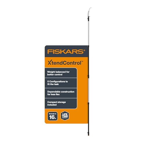 Fiskars XtendControl Extendable Tree Pruner (16 ft), Adjustable Branch Trimmer with Rotating Pruning Head, 15" X3 Double-Hooked Saw, 4-8 ft Extension Poles & Automatic Cord Reel for Precision Cutting