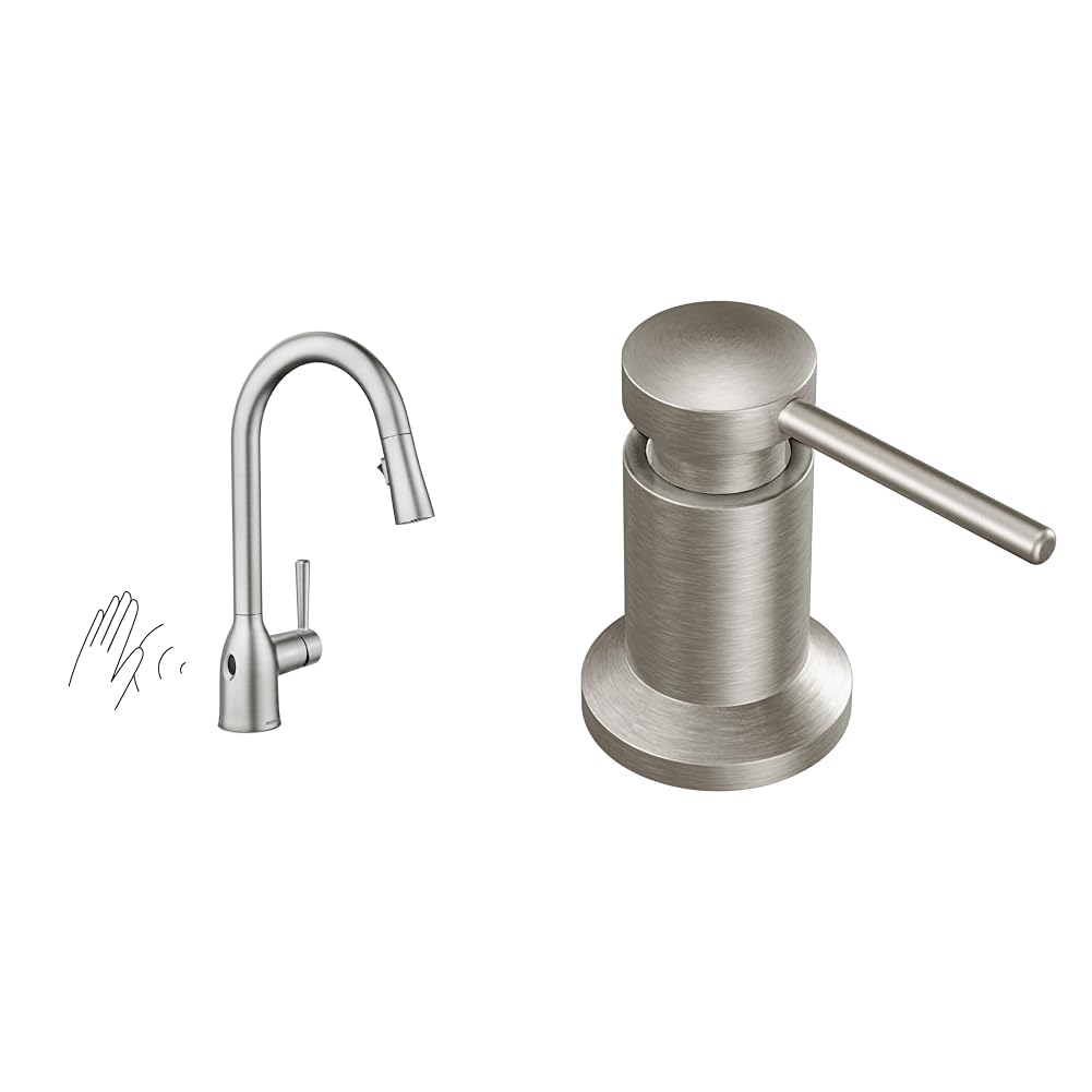 Moen Adler Touchless Spot Resist Stainless Kitchen Pulldown Faucet, 87233EWSRS + Moen Spot Resist Stainless Kitchen Soap Dispenser, 3942SRS