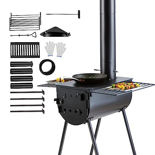 VEVOR 118" Camping Wood Stove, Portable Alloy Steel Tent Stove with 3000in³ Firebox, Outdoor Heating & Cooking Stove with Chimney Pipes & Gloves, Includes 8 Pipes for Efficient Heating