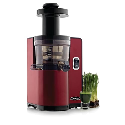 Omega VSJ843QR Vertical Masticating Juicer, 43 RPM Compact Cold Press Juicer Machine with Automatic Pulp Ejection, 150 W, Red