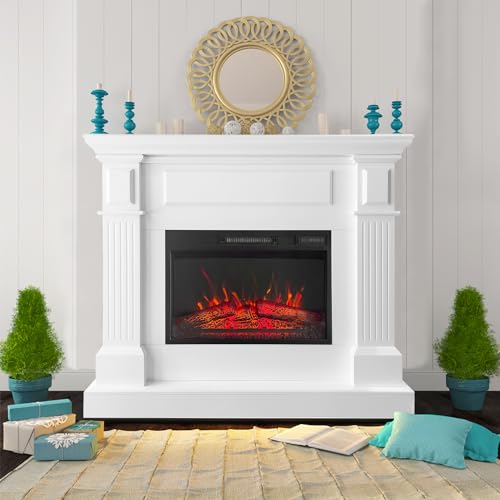 43 Inch Electric Fireplace with Mantel, Tall Fire Place Heater Freestanding with Remote Control Timer LED Flame for Living Room Bedroom, White