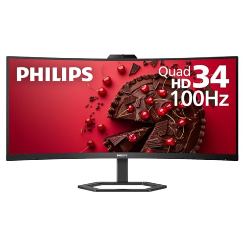 Philips 34E1C5600HE 34'' UltraWide QHD 21:9 Monitor with Built-in Windows Hello Webcam & Noise Canceling Mic, USB-C Docking, Stereo Speakers, 100Hz, 4-Year Advance Replacement