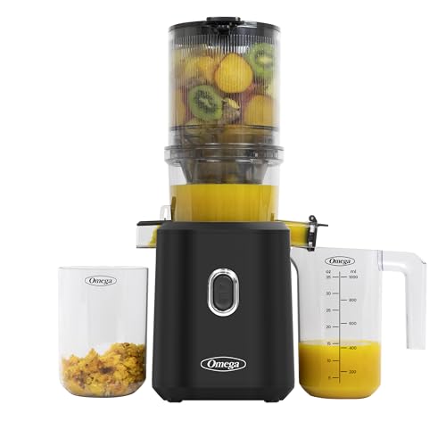 Omega Cold Press Juicer Machine with Time Saving Batch Hopper, Large Capacity for High Nutrient Extraction with Countertop Design for Whole Fruits & Vegetables, 150W, Black