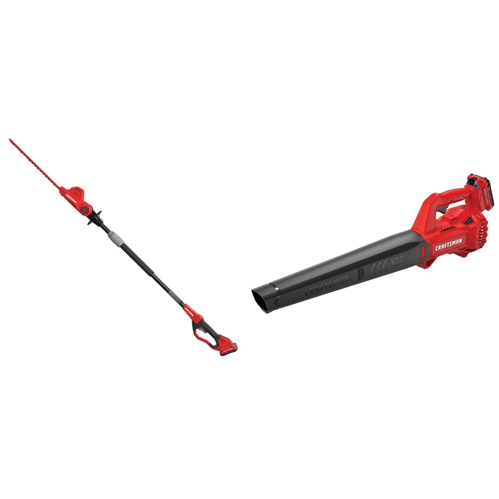Craftsman V20 Cordless Pole Hedge Trimmer, 18-Inch, Extended Reach, Battery and Charger Included (CMCPHT818D1) & 20V MAX Cordless Leaf Blower Kit with Battery & Charger Included (CMCBL710D1) Red