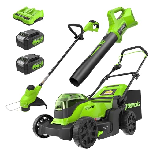 Greenworks 48V (2x24V) 17" Brushless Mower+12" String Trimmer +320CFM Blower,(2) 4.0Ah Batteries and 2A Dual Port Charger