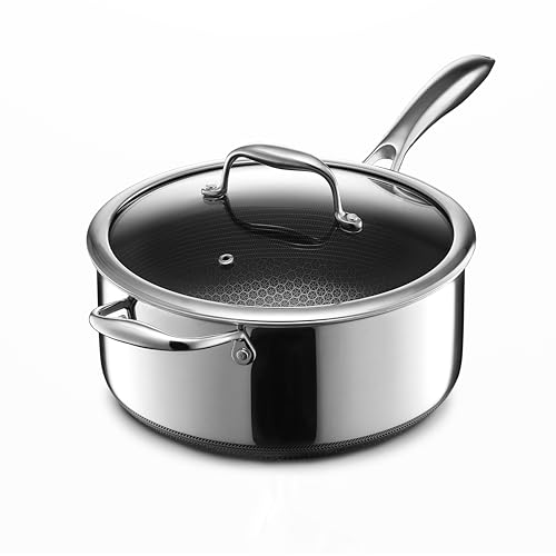 HexClad Hybrid Nonstick 5-Quart Saucepan with Tempered Glass Lid, Stay-Cool Handle, Dishwasher-Friendly, Oven-Safe Up to 900°F, Induction-Ready, Compatible with All Cooktops