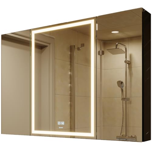GANPE LED Lighted Bathroom Medicine Mirror Cabinet with Sockets & USBs, Anti-Fog Dimmable Light and Color Adjustment, Antirust and Easy to Install Aluminum Cabinet (Touch Screen, 28" L x 40" W)