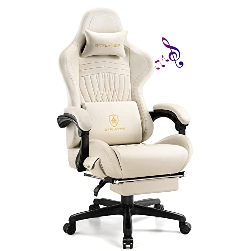 GTPLAYER Gaming Chair, Computer Chair with Footrest and Bluetooth Speakers, High Back Ergonomic Gaming Chairs, Reclining Gaming Chair with Linkage Armrests for Adults by GTRacing (Leather, Ivory)