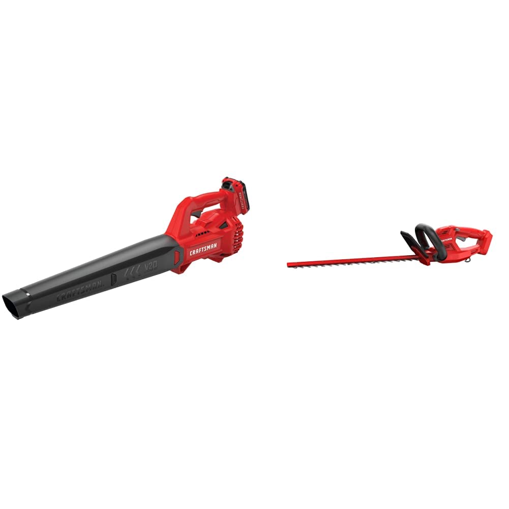 CRAFTSMAN 20V MAX Cordless Leaf Blower Kit with Battery & Charger Included (CMCBL710D1) Red | CRAFTSMAN V20 Cordless Hedge Trimmer, 20 inch, Bare Tool Only (CMCHT810B)