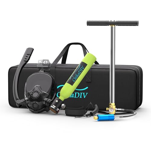 CHIKADIV Mini Scuba Tank with Full Face Snorkel Mask,0.5l Portable Lung Tank Supports Breath with Nose and Mouth, with Diving Camera Mount Anti-Leak and Anti-Fog DOT Certified C Green