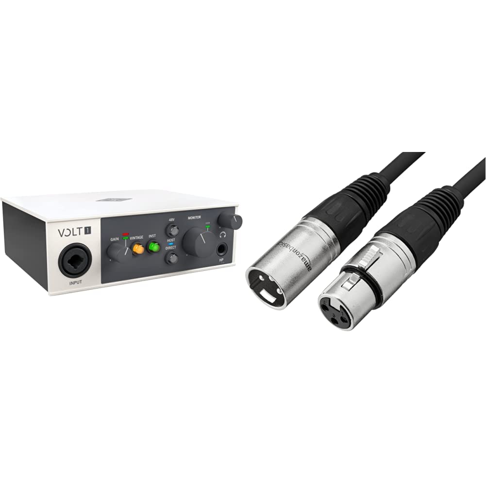 UA Volt 1 USB Audio Interface for recording, podcasting, and streaming with essential audio software, including $400 in UAD plug-ins | Amazon Basics XLR Microphone Cable for Speaker or PA System, All Copper Conductors, 6MM PVC Jacket, 6 Foot, Black