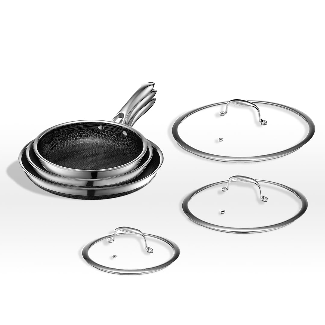 HexClad Hybrid Nonstick 6-Piece Fry Pan Set, 8, 10, and 12-Inch Frying Pans with Tempered Glass Lids, Stay-Cool Handles, Dishwasher-Friendly, Induction-Ready, Compatible with All Cooktops