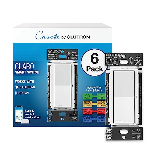 Lutron Claro Smart Switch for Caseta Smart Lighting (Lutron Smart Hub Required), for LED Lights and Fans, 5 Amp, Single-Pole/3-Way, Neutral Required, DVRF-5NSS-WH-6, White, 6 Pack