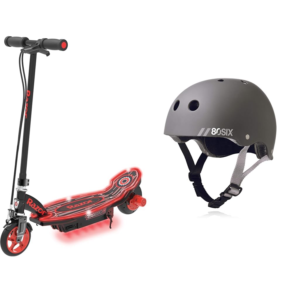 Razor Power Core E90 Electric Scooter with hub Motor, Push-Button Throttle, for Kids 8+ & 80Six Dual Certified Kids Bike, Scooter, and Skateboard Helmet, Grey Matte, Small/Medium - Ages 8+