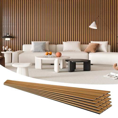 Art3d 94.5" x 7.9" Acoustic Slat Wood Wall and Ceiling Panels, 4 Pieces, Fluted Modern Sound Absorbing Panels, Teak
