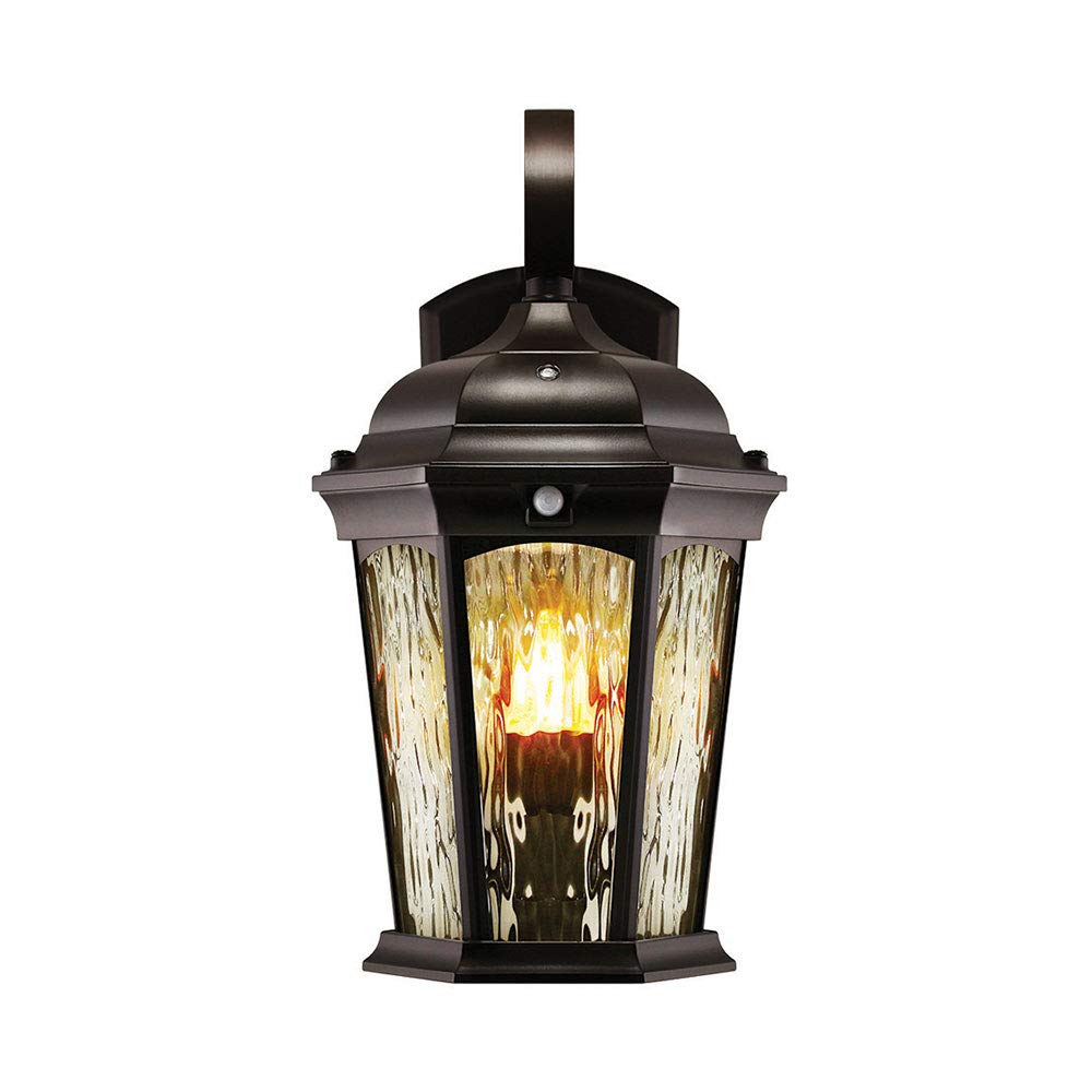 Euri Lighting EFL-130W-MD Flickering Flame Lantern, Water Glass, with Integrated Security Light (3000K), Photocell and Motion-Sensor (Dusk-to-Dawn), Oil Rubbed Bronze Housing (Pack of 2)