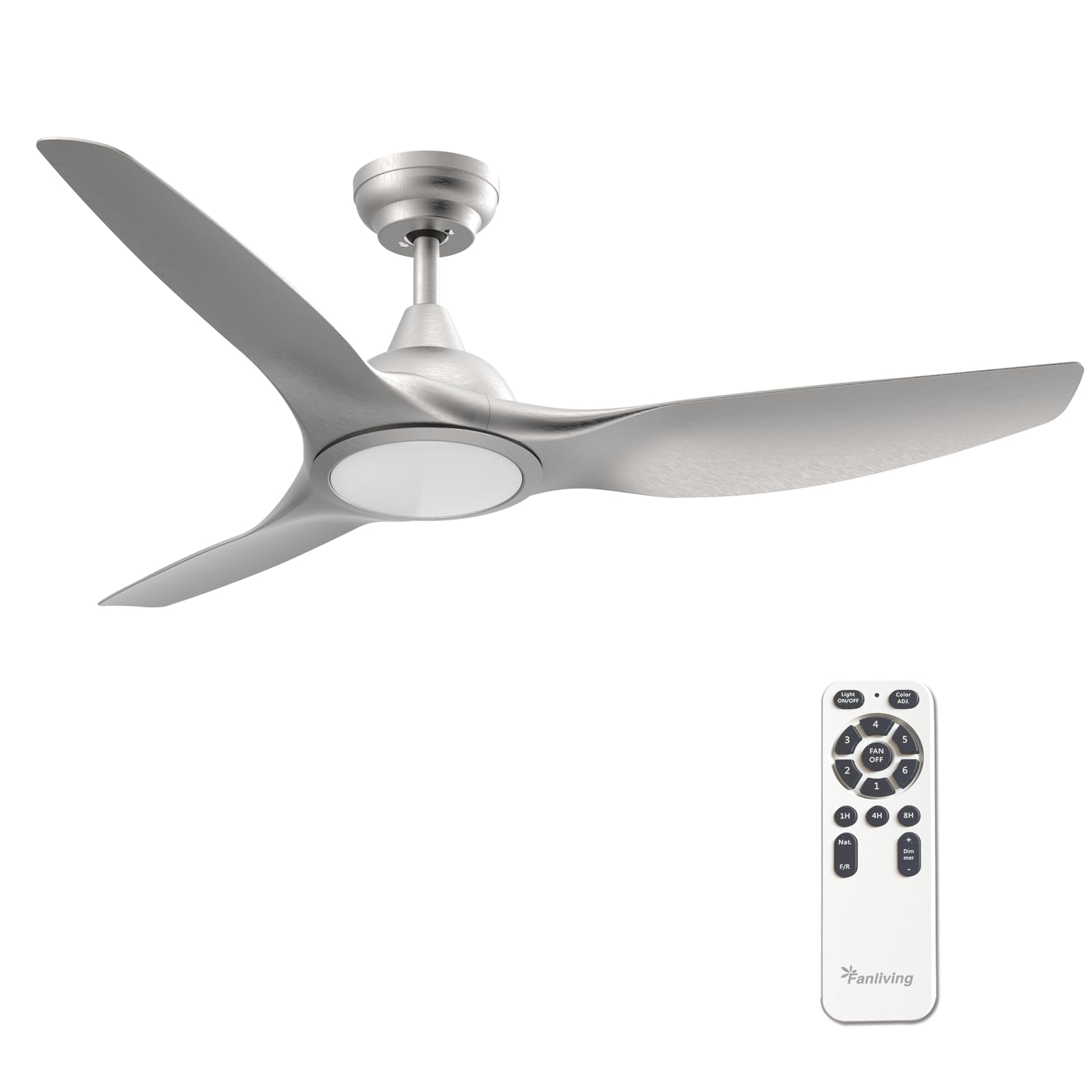 Fanliving 52 Inch Quiet DC Motor Ceiling Fan with Light Remote Control, Indoor 3 Blade Silver Modern Ceiling Fan for Bedroom Living Room Porch