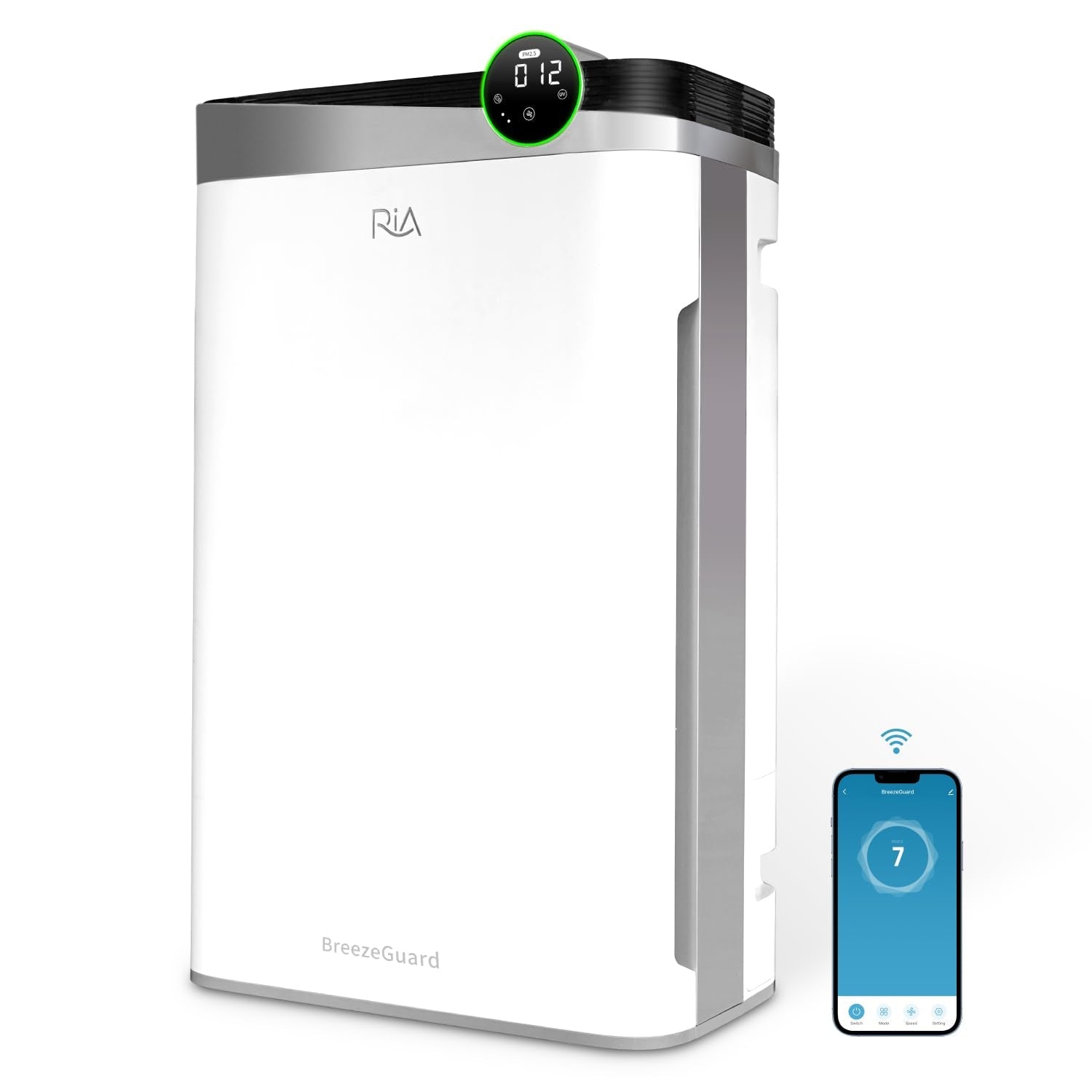RIA Smart Air Purifier BreezeGuard 2-in-1 with Built-In Humidifier, Industrial-Grade Air Cleaner, for Large Homes up to 2500 SqFt, Smart App Control, Removes Wildfire Smoke, PM2.5, Allergens
