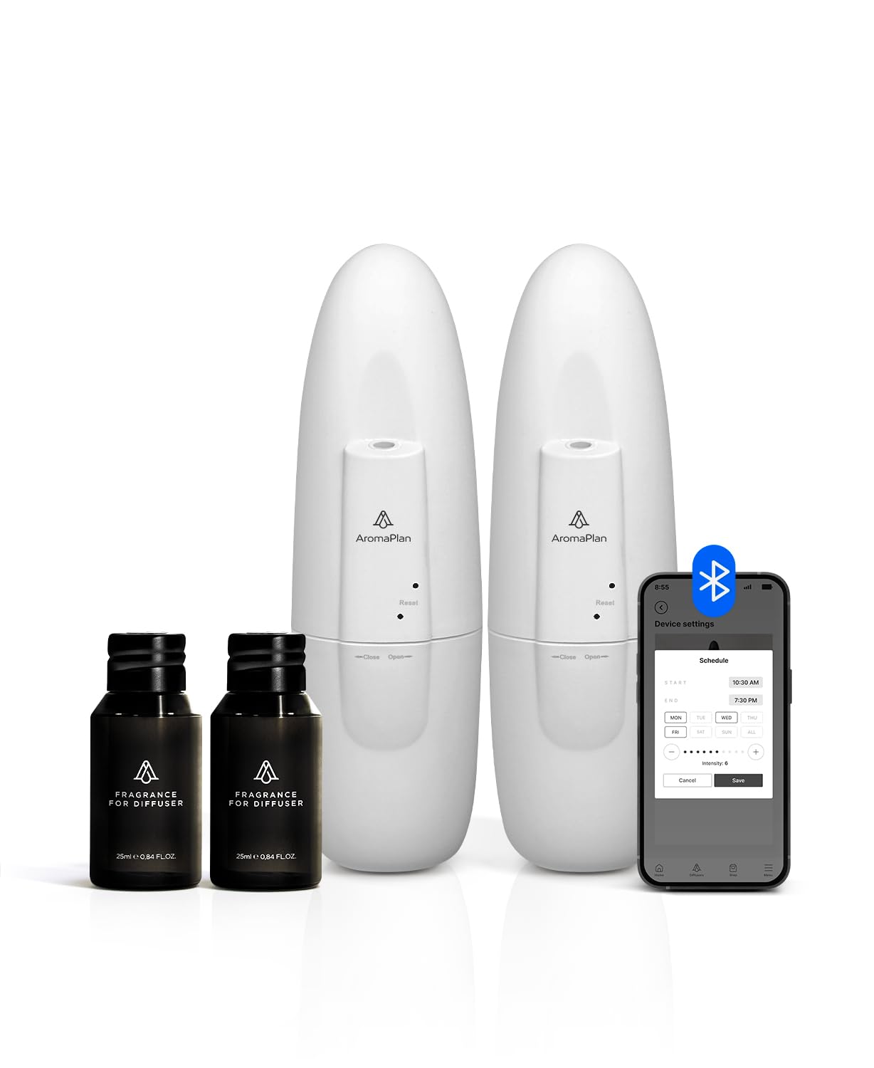 AromaPlan Authentic 2025 Upgraded Bluetooth Plug in Waterless Diffuser (2 Fragrances Included)-Cold Air & Nanotechnology Diffusers for Home & Office- Silent Wall Diffuser Plug in (2 Devices +2 Scents)