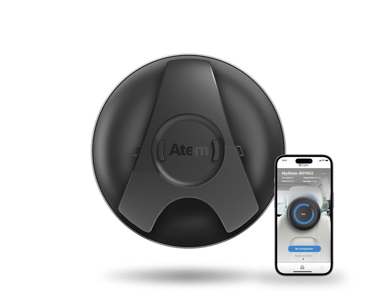 IQAir Atem Car Portable HEPA Air Purifier, Filters for Pollution, Odors, Gases, Car Fumes, and Asthma Triggers, Bacteria, Viruses, Great for Travel or Daily Commute, Swiss Design, Made in Germany
