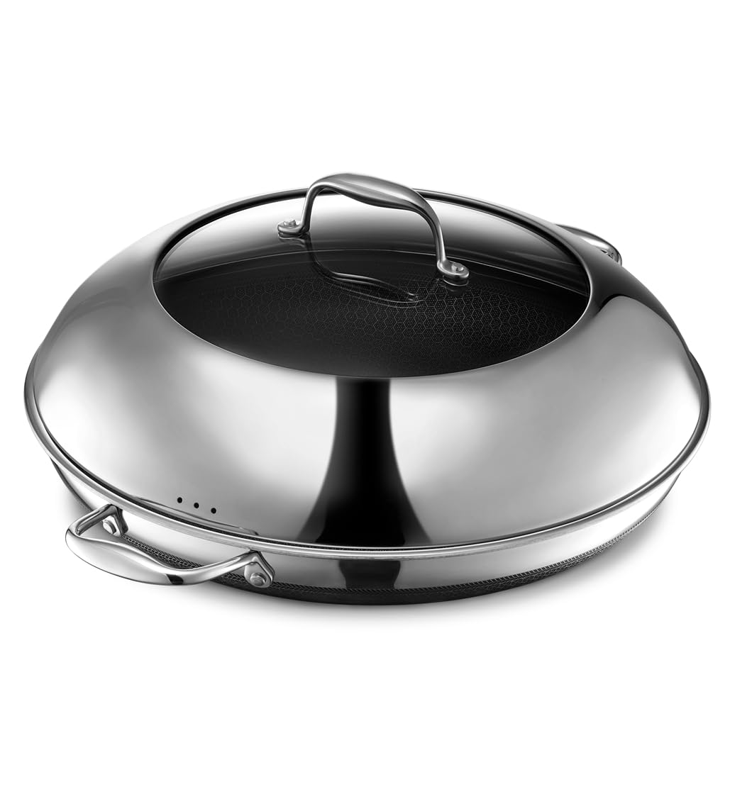 HexClad Hybrid Nonstick 14-Inch Frying Pan with Stainless Steel Lid, Stay-Cool Handles, Dishwasher-Friendly, Oven-Safe Up to 900°F, Induction-Ready, Compatible with All Cooktops