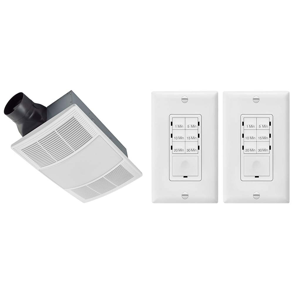 Broan-NuTone 110 CFM Bathroom Exhaust Fan, Heater & LED Light Combo Bundle with ENERLITES Countdown Timer Switch, 1-30 Min Settings, Blue LED, 2 Pack