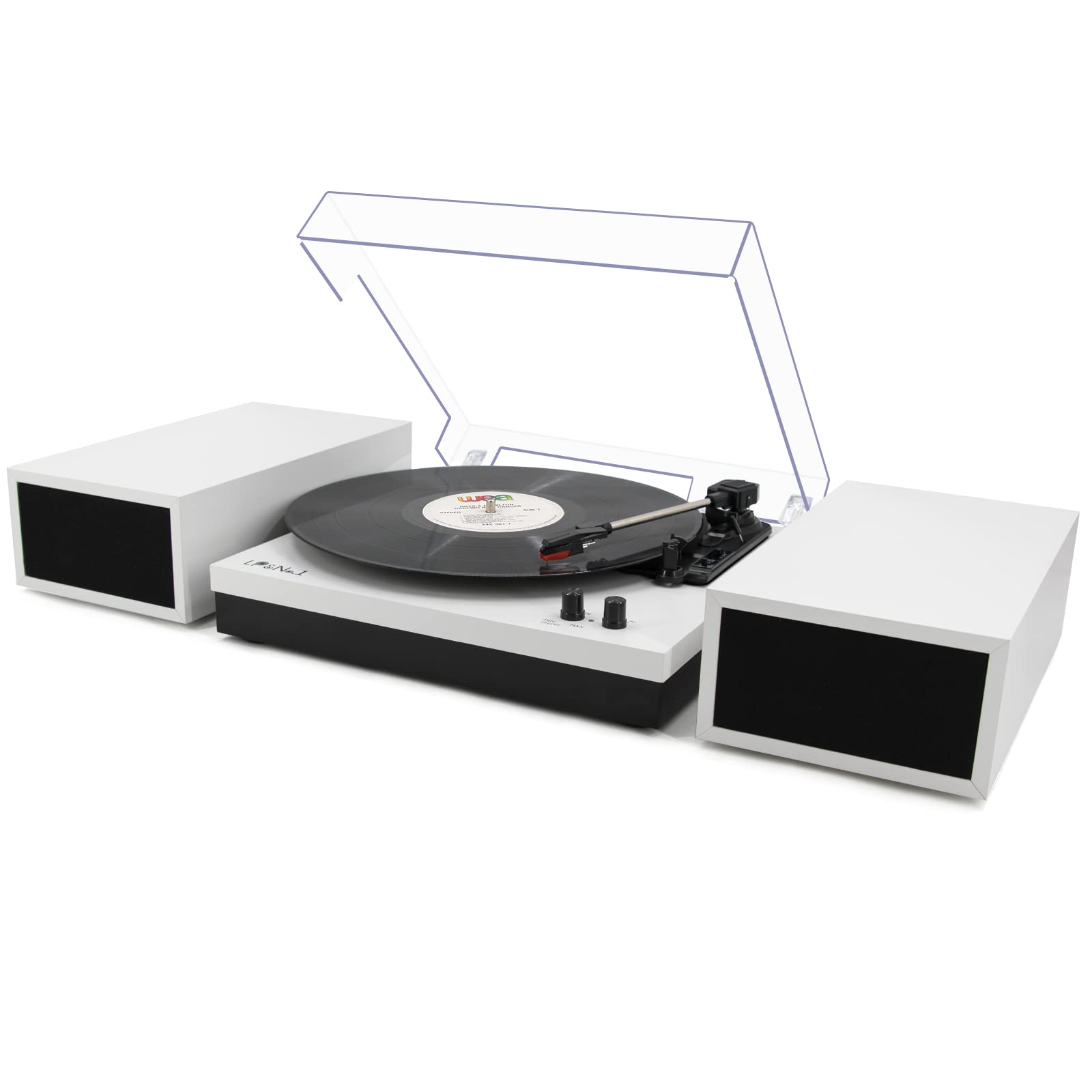 LP&No.1 Modern Turntable Record Player Bundle with Dual Powered Bookshelf Speaker Pair, Built-in, Phono Preamp, Belt Drive, 3-Speed, Wireless Input, Wireless Music Streaming (MWL White Color)