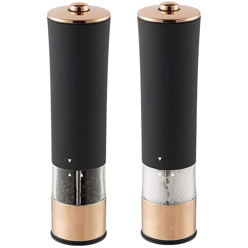 Electric Salt and Pepper Grinder Set - Automatic Adjustable Shakers - Stainless Steel Powered Spice Mills - Battery Operated Kitchen Peppermills, One Handed Push Button, 2 Pcs(Gold)