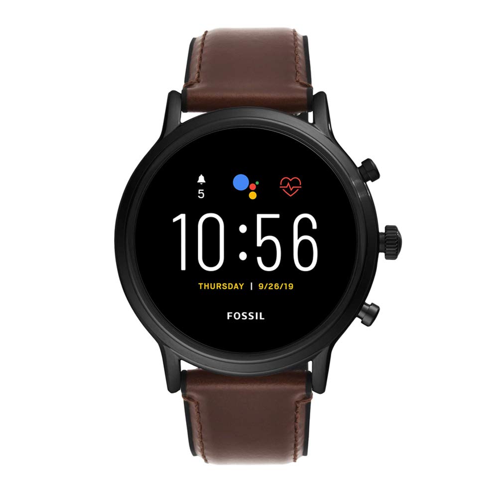 Fossil 44mm Gen 5 Carlyle Stainless Steel and Leather Touchscreen Smart Watch, Color: Black, Brown (Model: FTW4026)