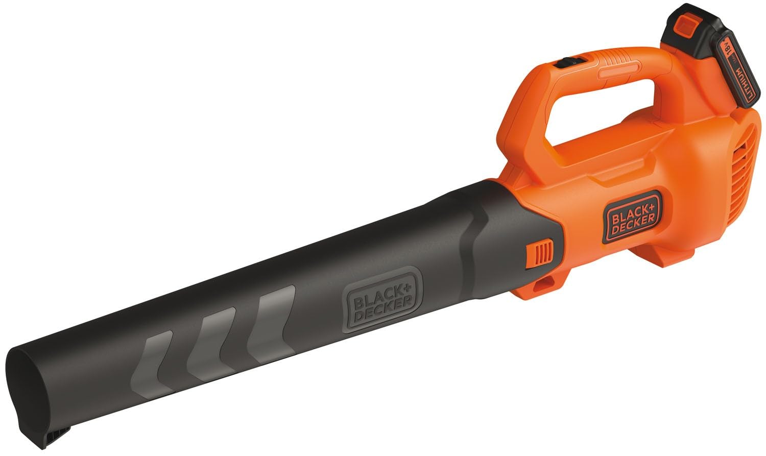 Black+Decker Axial BCBL200L Cordless Leaf Blower (18V, 2.0Ah, High Blow Speed of 145 km/h, Air Volume 577 m³/h, Integrated Leaf Scraper, for Patios, Paths, Gardens, Includes Battery & Charger)