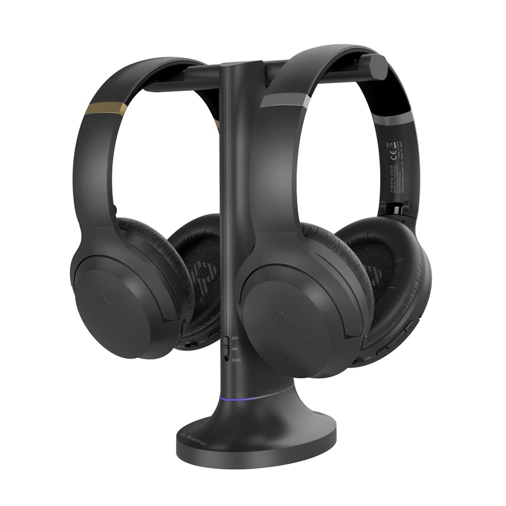 Avantree Duet - Dual Wireless Headphones for TV Watching with Transmitter & Charging Stand, Clear Dialogue & Volume Boost for Seniors, Compatible with TVs Equipped with Opt or AUX Audio Output Ports