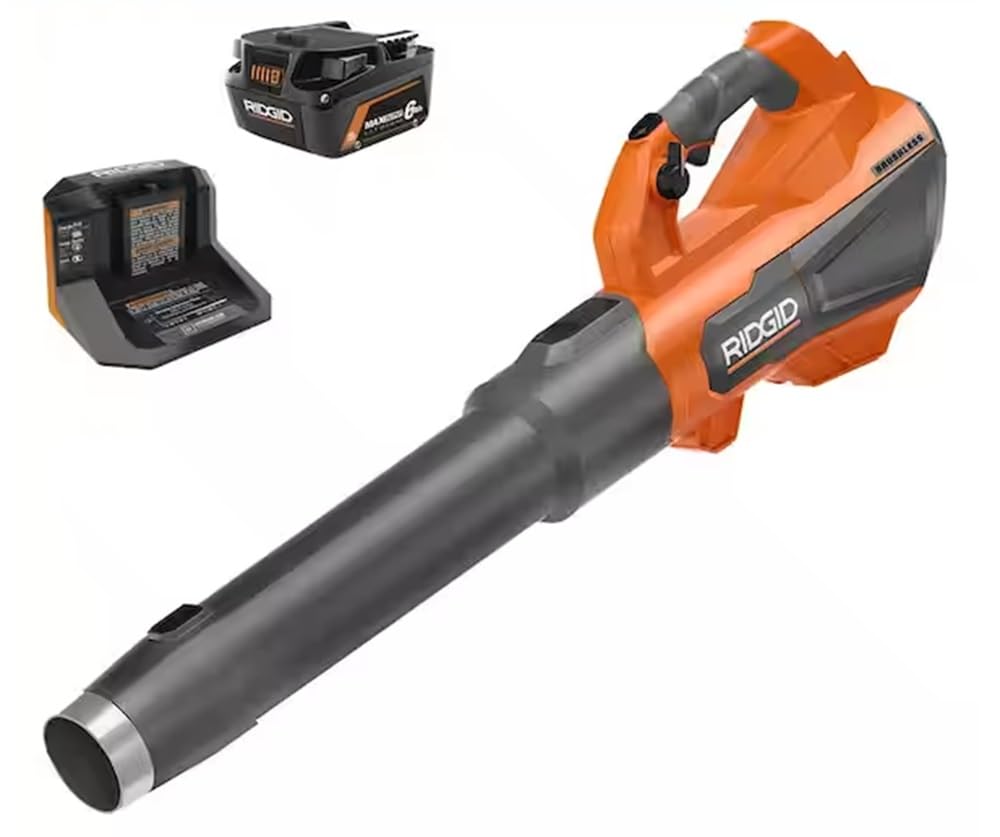 RIDGID 18V Brushless 130 MPH 510 CFM Cordless Battery Leaf Blower with 6.0 Ah MAX Output Battery and Charger (Renewed)
