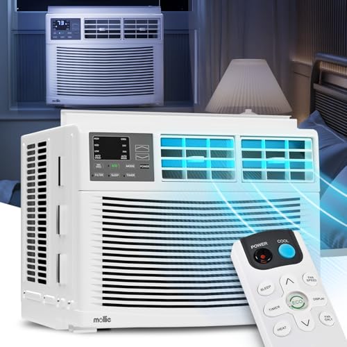 mollie 8000 BTU Window Air Conditioner, ac window unit with Remote & Washable Filter, Dehumidifier, Fan, Cools Up to 350 Square Feet, 115V/60Hz, White