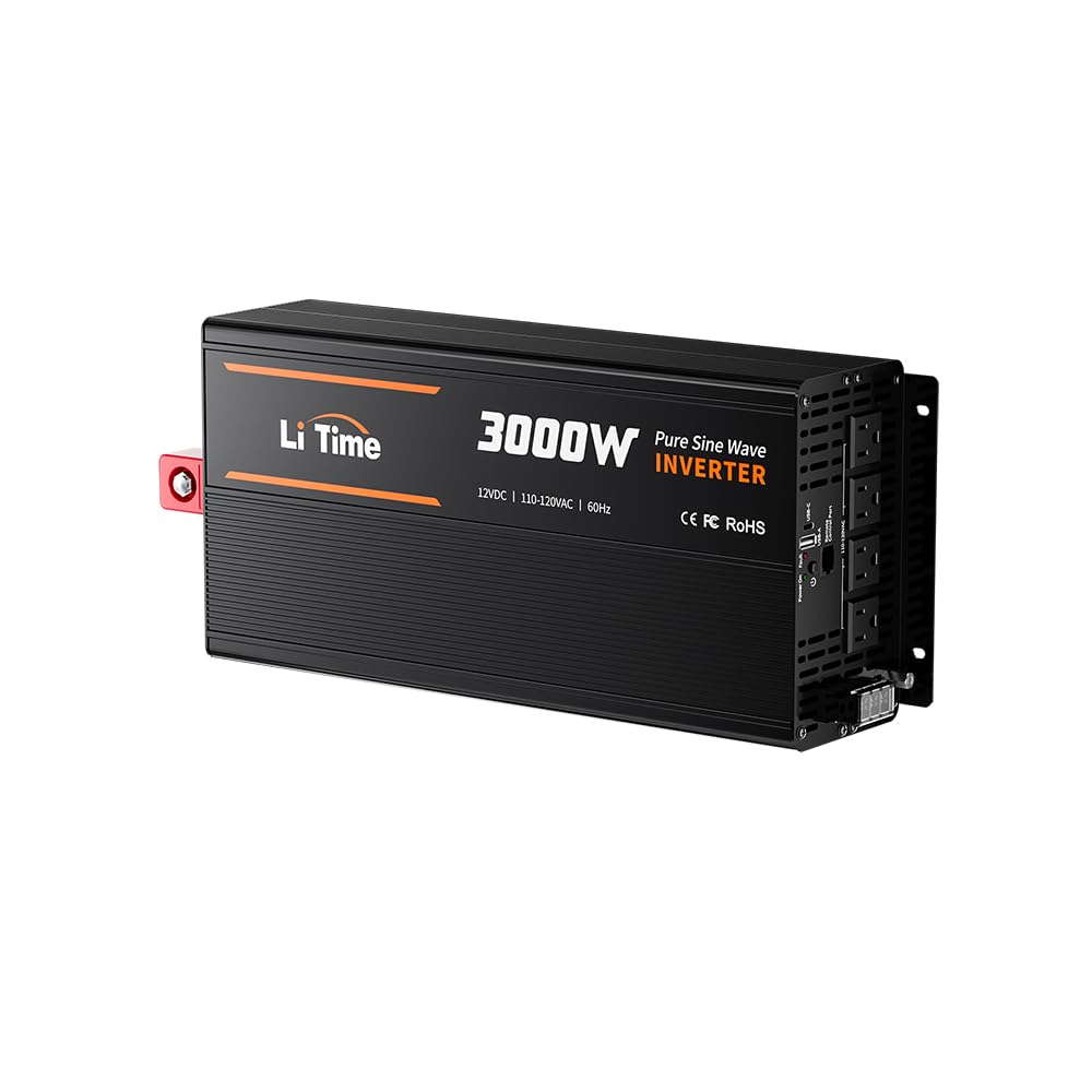 LiTime 3000W Pure Sine Wave Inverter 12V DC to 120V AC Converter with Remote Control for RV, Camping, Off-Grid Solar Power Inverter with 4 AC Outlets,2 USB Outputs, Screen Showing Real-time Status