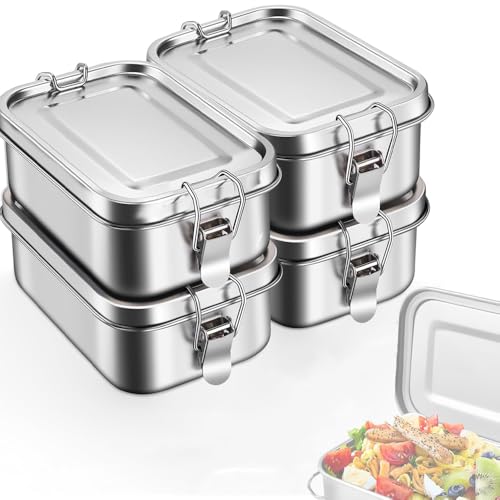 4 Pack 304 Stainless Steel Bento Box 850ML Stainless Steel Containers with Lids,Reusable Adult & Kids Metal Lunch Snack Boxes, Stainless Steel Food Storage Containers for Soup Salad Leftover